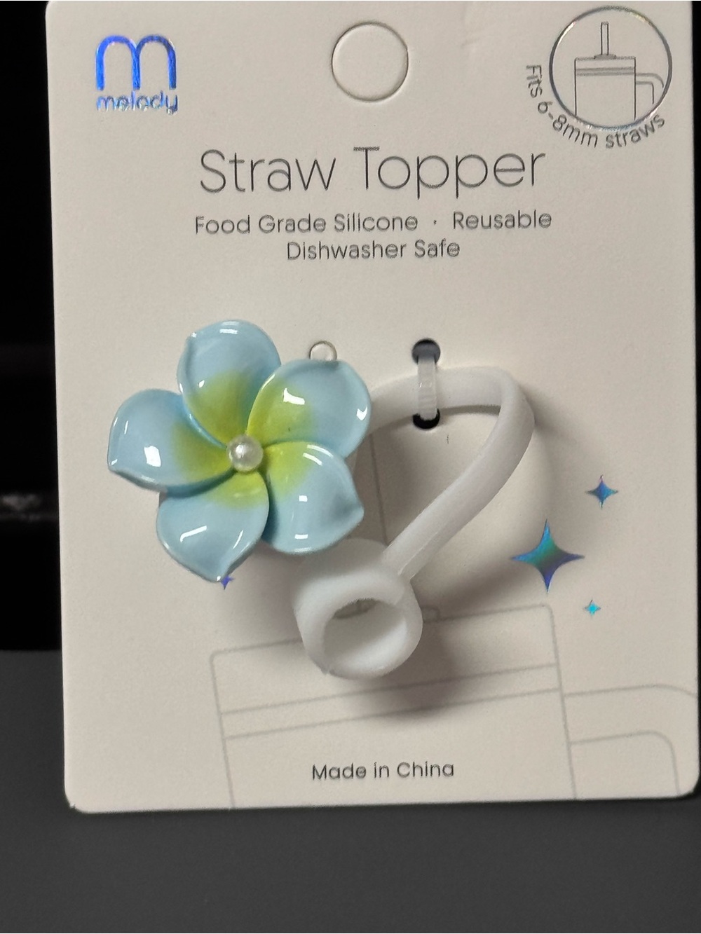 NWT Melody Plumeria Flower Silicone Straw Topper 6-8mm Blue